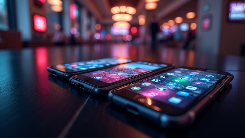 Smartphone mit Android- und iPhone-Downloadsymbolen in dunkler Casino-Optik