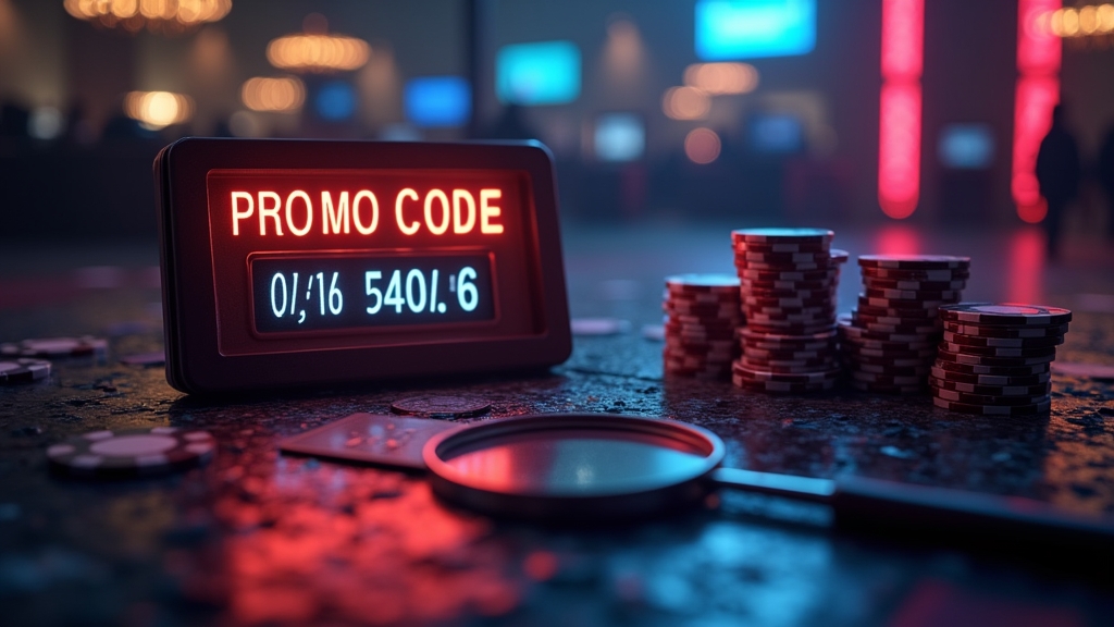 Neonbeleuchteter Casino-Bereich mit Bonuscode und Lupe