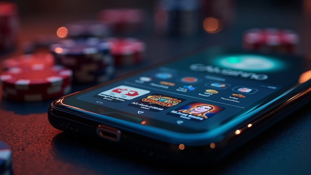Mobile App mit Spielsuche und Favoriten in dunkler Casino-Umgebung