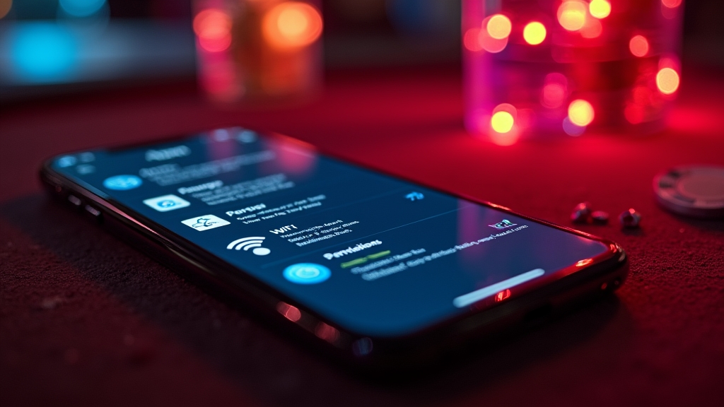 Smartphone mit Symbolen für Speicher, WLAN und Berechtigungen im Casino-Look